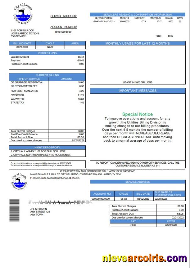 USA Texas City of Laredo Utilities Department water utility bill